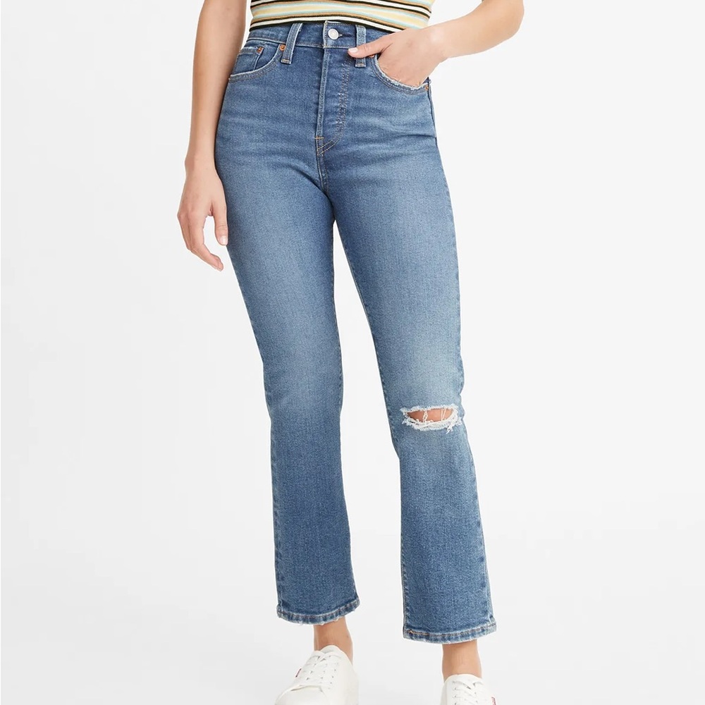 Levi's Wedgie Straight Button fly jeans Hi-rise distressed medium indigo size 32